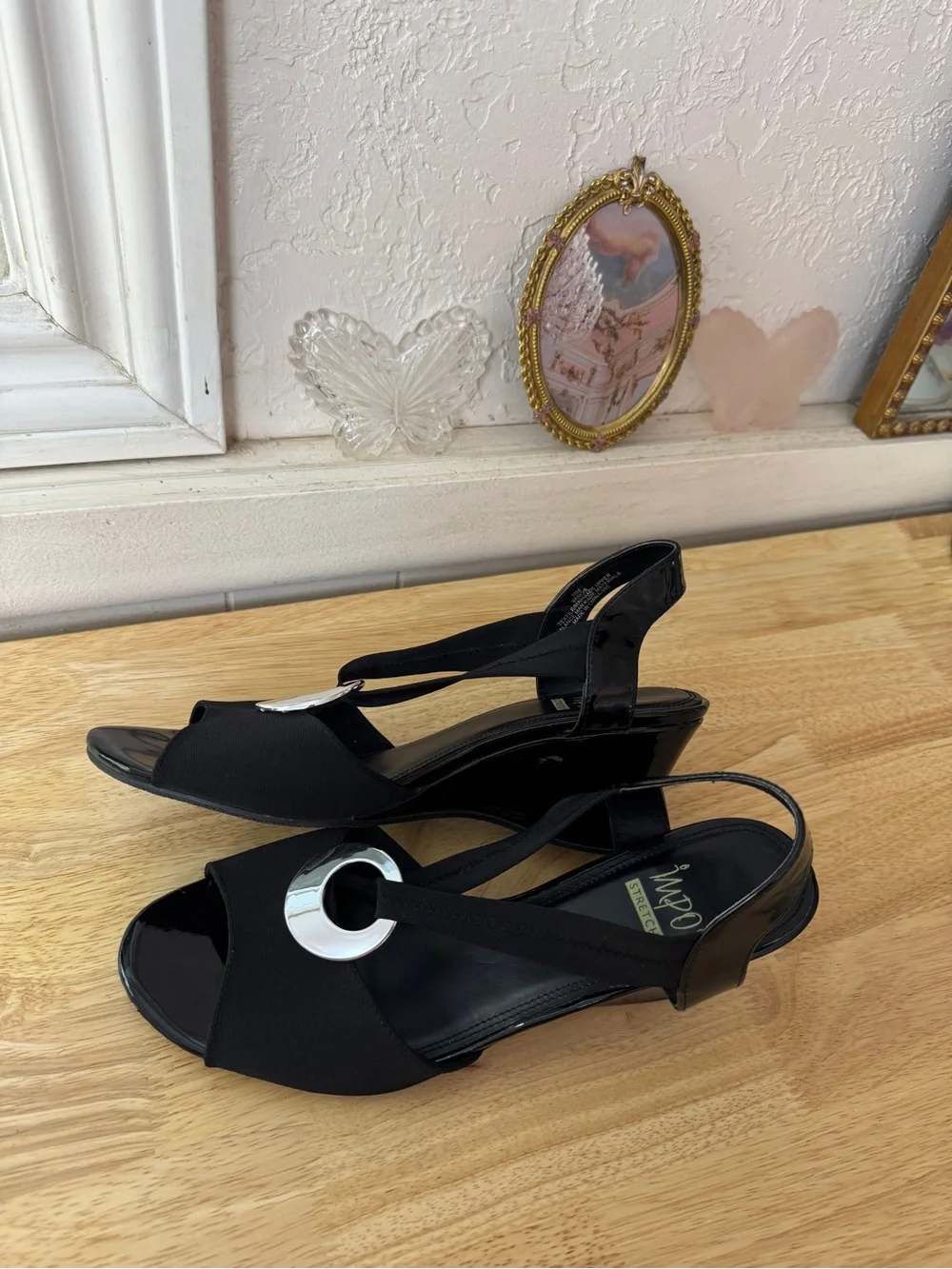 IMPO Black Stretch Slingback Wedge Sandals Size 10 Y2K Peep Toe Comfort Heels